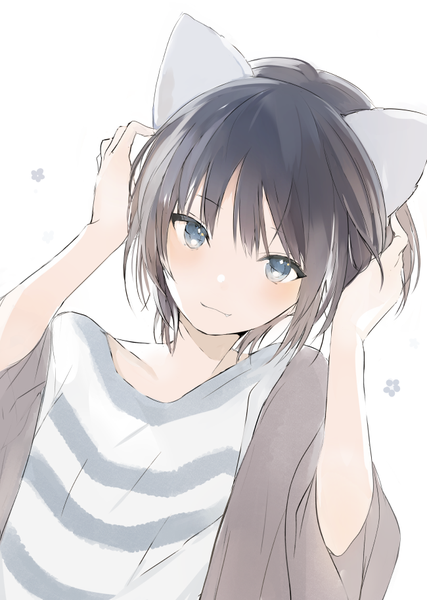 Anime picture 650x914 with original lpip single tall image looking at viewer blush fringe short hair blue eyes black hair simple background smile white background animal ears upper body head tilt cat ears wide sleeves fang (fangs) striped