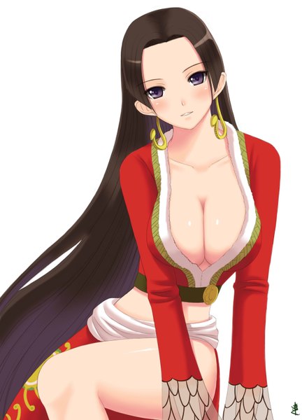 Anime picture 2125x2952 with one piece toei animation boa hancock xiao lian long hair tall image looking at viewer blush highres breasts light erotic black hair simple background large breasts white background purple eyes signed girl