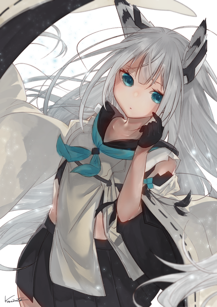 Anime picture 707x1000 with azur lane kawakaze (azur lane) karinto yamada single tall image blush blue eyes simple background standing white background signed animal ears looking away silver hair ahoge very long hair pleated skirt wide sleeves fox ears floating hair
