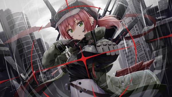 Anime picture 2400x1350 with virtual youtuber aogiri koukou game club ishikari akari kuria (clear trip second) single long hair looking at viewer fringe highres open mouth hair between eyes wide image holding green eyes upper body outdoors ponytail red hair open jacket city