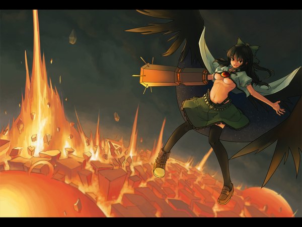 Anime picture 1600x1200 with touhou reiuji utsuho r2sais single long hair breasts light erotic black hair black eyes flying destruction arm cannon explosion girl thighhighs skirt bow weapon hair bow wings