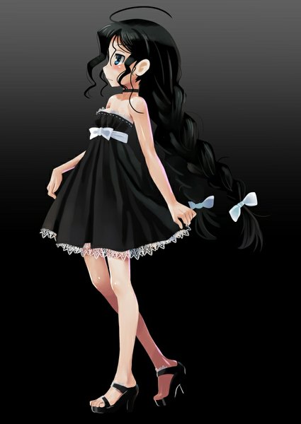 Anime picture 637x900 with original katahira masashi single long hair tall image blush blue eyes black hair simple background bare shoulders looking away ahoge braid (braids) bare legs high heels twin braids gradient background girl dress ribbon (ribbons)