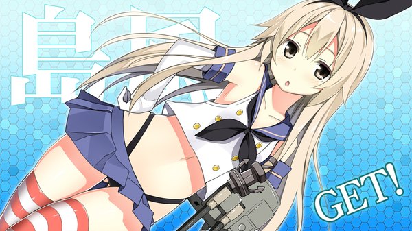 Anime picture 1920x1080 with kantai collection shimakaze destroyer sky-freedom long hair blush highres open mouth light erotic blonde hair wide image brown eyes ass visible through thighs girl thighhighs gloves miniskirt elbow gloves striped thighhighs