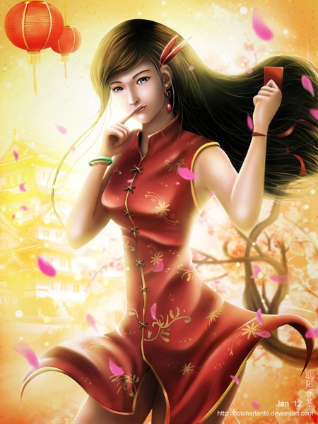 Anime picture 1024x1365 with bobihartanto single long hair tall image blue eyes black hair smile lips realistic cherry blossoms finger to mouth light chinese clothes girl plant (plants) earrings petals tree (trees) bracelet chinese dress