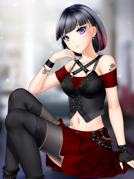 Anime picture 2250x3000 with original gigamessy single tall image looking at viewer blush fringe highres short hair breasts black hair sitting purple eyes bare shoulders payot blunt bangs nail polish multicolored hair fingernails two-tone hair