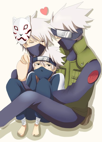 Anime picture 1363x1900 with naruto studio pierrot naruto (series) hatake kakashi tall image looking at viewer short hair simple background red eyes white background looking away white hair barefoot black eyes multiple boys sweat sweatdrop mask on head multiple persona sharingan