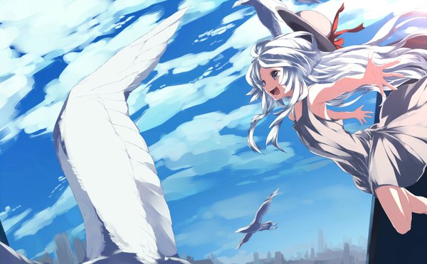 Anime picture 1450x900 with original shirayuki (artist) single long hair blue eyes wide image sky silver hair cloud (clouds) girl hat animal bird (birds) sundress