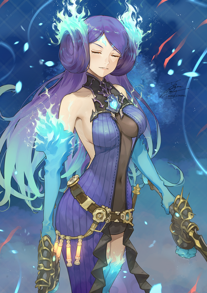 Anime picture 1061x1500 with xenoblade xenoblade 2 kagutsuchi (xenoblade) fadingz single long hair tall image breasts light erotic large breasts standing bare shoulders holding signed purple hair eyes closed parted lips multicolored hair two-tone hair covered navel