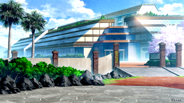 Anime-Bild 1000x562 mit re:lief mocha (cotton) wide image sky cloud (clouds) sunlight copyright name cherry blossoms no people gate plant (plants) tree (trees) building (buildings) grass palm tree stone (stones) road