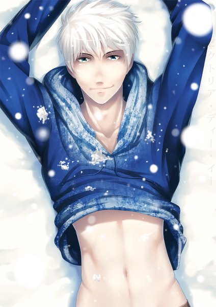 Anime picture 1000x1414 with rise of the guardians dreamworks jack frost (rise of the guardians) small bird single tall image looking at viewer short hair blue eyes smile silver hair lying on back snowing winter snow abs boy