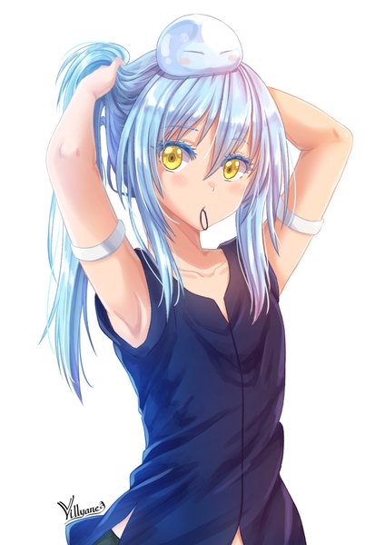 Anime picture 661x935 with tensei shitara slime datta ken 8bit rimuru tempest villyane long hair tall image looking at viewer blush fringe simple background hair between eyes white background holding signed yellow eyes payot blue hair upper body arms up mouth hold