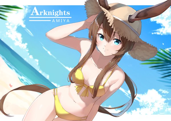 Anime picture 1415x1000 with arknights amiya (arknights) snozaki single fringe blue eyes smile hair between eyes brown hair animal ears payot sky cloud (clouds) very long hair leaning bunny ears dutch angle leaning forward copyright name character names