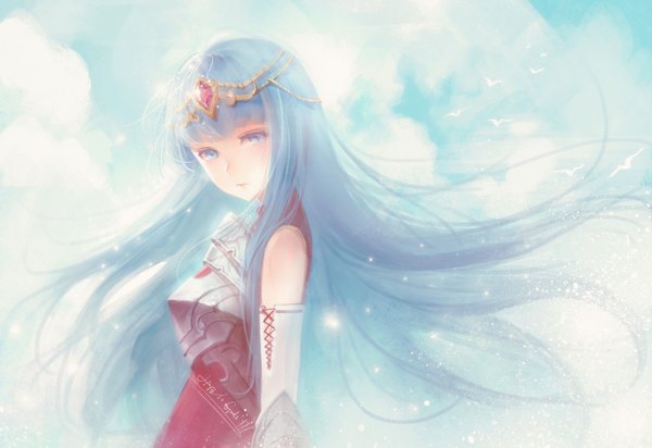 Anime picture 5952x4091 with original orry single long hair looking at viewer blush fringe highres blue eyes blue hair absurdres sky cloud (clouds) flying girl gloves hair ornament animal elbow gloves armor