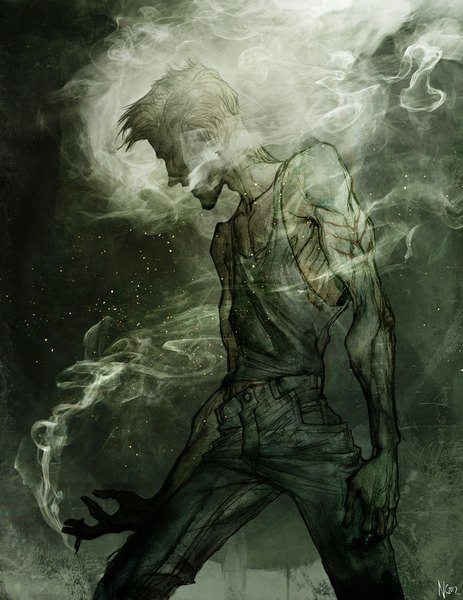 Anime picture 773x1000 with original gunnerromantic single tall image short hair bare shoulders signed looking away profile monochrome scar smoke boy cigarette jeans