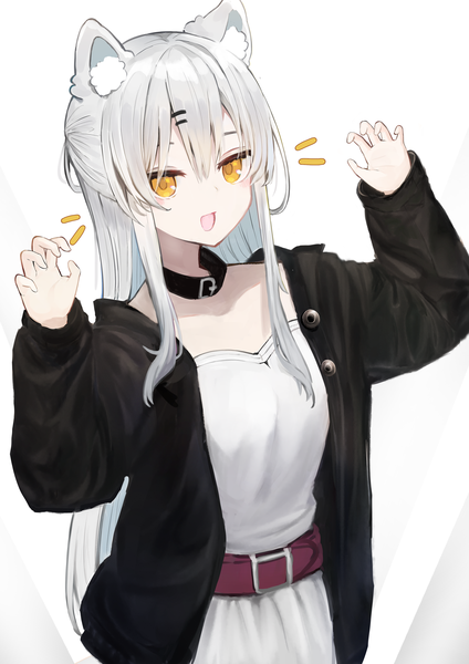 Anime picture 2894x4093 with original peno single long hair tall image looking at viewer fringe highres open mouth simple background smile hair between eyes standing white background animal ears yellow eyes payot silver hair :d cat ears