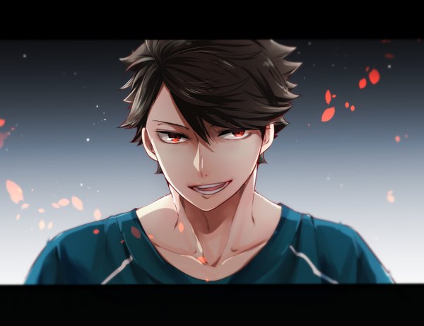 Anime picture 2687x2067 with haikyuu!! production i.g ooikawa tooru hkm (hsk10) single fringe highres short hair open mouth smile brown hair light smile glow smirk boy petals