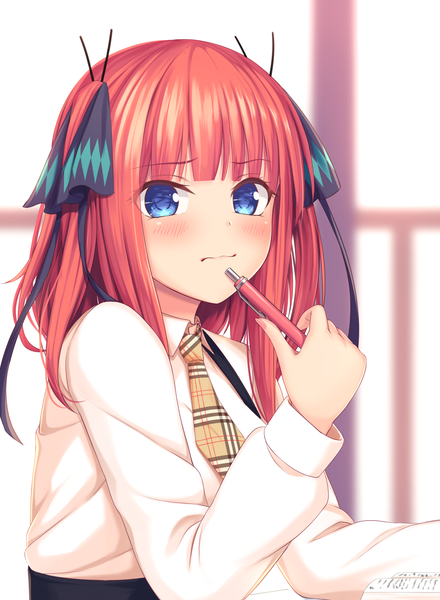 Anime picture 1732x2362 with go-toubun no hanayome nakano nino tiphereth single long hair tall image looking at viewer blush fringe highres blue eyes holding payot upper body red hair blunt bangs long sleeves two side up girl hair ornament