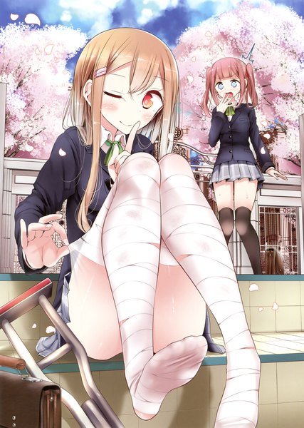 Anime picture 2493x3500 with original oouso (usotsukiya) long hair tall image highres blue eyes light erotic red eyes brown hair twintails multiple girls one eye closed wink scan official art legs cherry blossoms finger to mouth girl thighhighs