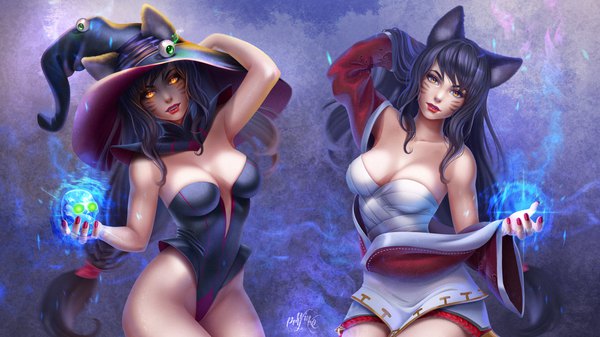 イラスト 1920x1080 と league of legends ahri (league of legends) olga narhova ソロ 長髪 カメラ目線 前髪 highres おっぱい light erotic 黒髪 wide image 座る signed 獣耳 黄色眼 尻尾 nail polish head tilt animal tail