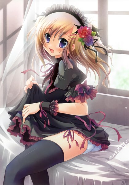 Anime picture 2356x3373 with tagme (copyright) izumi tsubasu single tall image looking at viewer blush fringe highres short hair open mouth light erotic blonde hair smile hair between eyes sitting purple eyes payot indoors :d hair flower