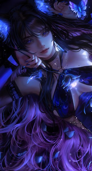 Anime picture 2315x4266 with original nixeu single long hair tall image looking at viewer fringe highres breasts blue eyes light erotic black hair hair between eyes purple hair lying nail polish multicolored hair fingernails mole arms up