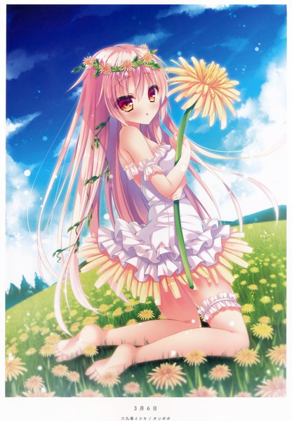 Anime picture 5216x7517 with original rokudou itsuki single long hair tall image highres pink hair absurdres sky cloud (clouds) scan official art orange eyes girl flower (flowers) frills sundress wreath