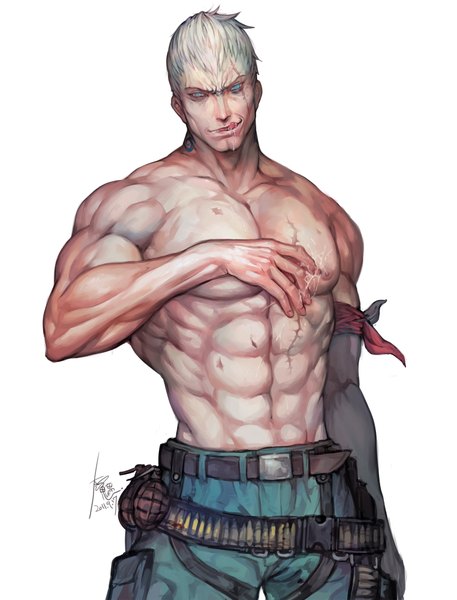 Anime picture 1523x2000 with brian fury yilee single tall image short hair simple background white background white hair aqua eyes scar topless muscle licking boy belt tongue pants suggestive fluid grenade