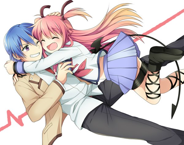 Anime picture 999x788 with angel beats! key (studio) yui (angel beats!) hinata hideki soranagi long hair blush short hair open mouth smile white background purple eyes blue hair pink hair eyes closed one eye closed teeth fang (fangs) two side up couple