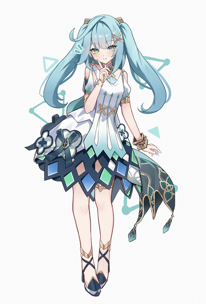 Anime picture 2643x3895 with genshin impact faruzan (genshin impact) aftamc single long hair tall image looking at viewer highres simple background smile white background twintails full body ahoge aqua hair girl dress hair ornament bracelet x hair ornament