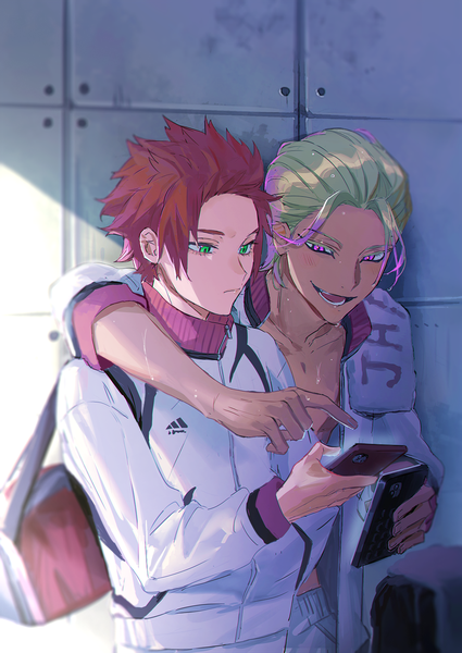 Anime picture 1003x1416 with blue lock itoshi sae shidou ryuusei mm39572 tall image short hair open mouth blonde hair green eyes red hair :d pink eyes multiple boys sweat dark skin shaded face pointing against wall boy uniform