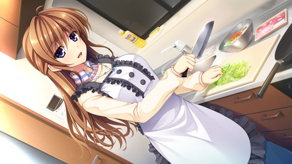 Anime picture 2194x1234 with pretty x cation 2 hibiki works hayase chitose single long hair looking at viewer highres open mouth blue eyes brown hair wide image game cg cooking girl apron knife kitchen frying pan faucet