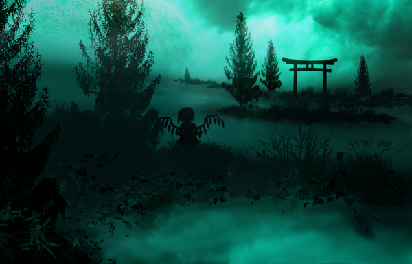 Anime picture 1400x900 with touhou flandre scarlet akyuun single short hair sky cloud (clouds) monochrome silhouette fog aqua background girl plant (plants) wings tree (trees) torii