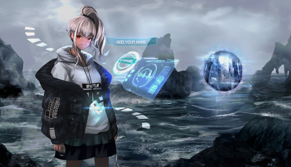 Anime picture 1500x862 with original i-ron single long hair looking at viewer fringe hair between eyes red eyes wide image standing payot silver hair cloud (clouds) outdoors ponytail light smile off shoulder mole open jacket mole under eye