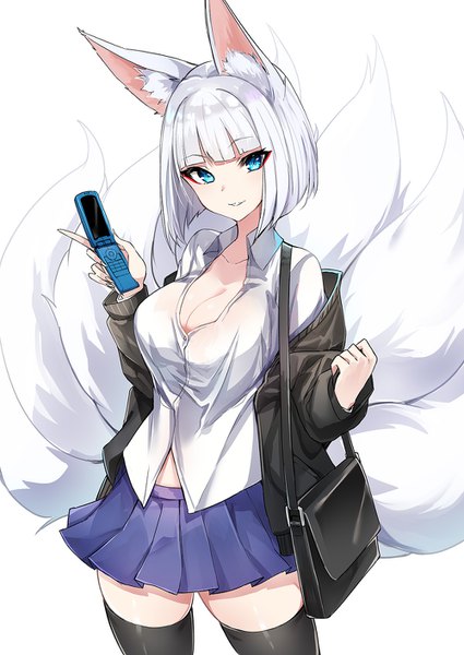 Anime picture 1000x1412 with azur lane kaga (azur lane) luse maonang single tall image looking at viewer blush fringe short hair breasts blue eyes light erotic simple background smile large breasts standing white background holding animal ears white hair