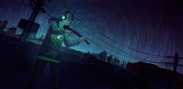 Anime picture 1500x731 with fisheye placebo frey (fisheye placebo) yuumei single short hair wide image eyes closed grey hair city cityscape boy headphones roof violin bow (instrument)