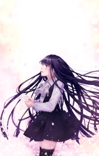 Anime picture 953x1507 with inu x boku ss david production shirakiin ririchiyo tagme (artist) single long hair tall image blush fringe open mouth standing purple eyes holding purple hair long sleeves wind looking up girl thighhighs black thighhighs