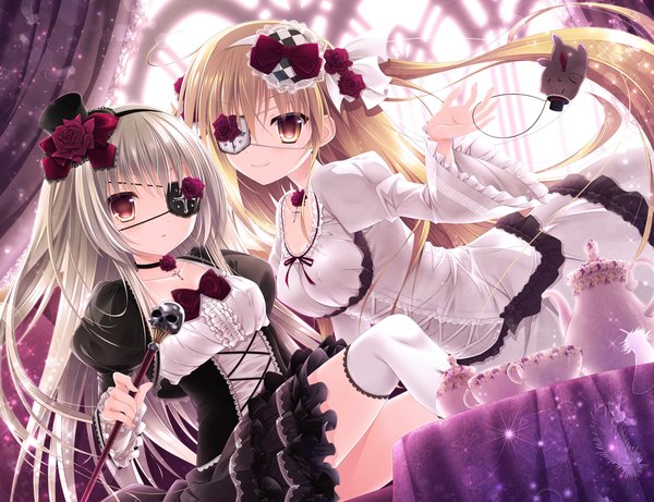 Anime picture 1200x922 with original minatsuki alumi long hair looking at viewer blonde hair multiple girls brown eyes silver hair girl thighhighs dress flower (flowers) 2 girls hat white thighhighs frills eyepatch mini hat mini top hat cane