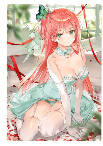 Anime picture 3269x4649 with original dsmile single long hair tall image looking at viewer blush fringe highres breasts light erotic smile large breasts sitting green eyes pink hair absurdres cleavage indoors blunt bangs