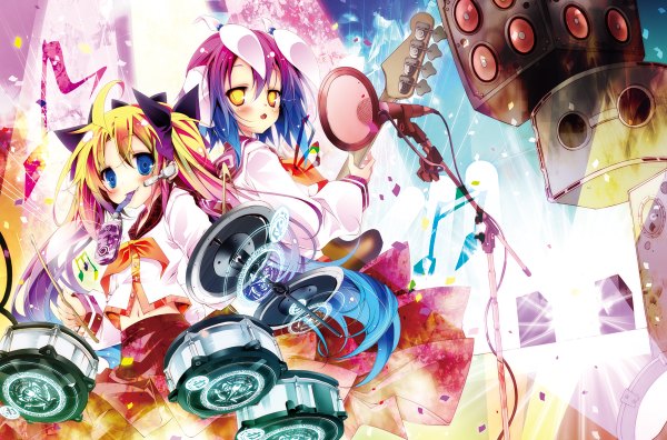 Anime-Bild 1200x792 mit greed packet unlimited kamiya yuu long hair blush short hair blue eyes twintails multiple girls yellow eyes ahoge multicolored hair back to back girl 2 girls microphone musical instrument microphone stand speakers drum