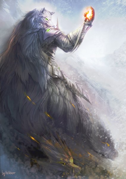 Anime picture 3000x4244 with hellcherr single tall image highres green eyes signed magic boy gloves animal armor cape wolf