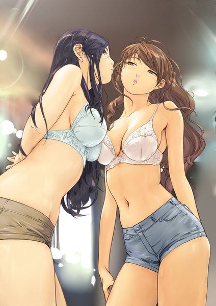 Anime picture 1131x1600 with original carina (xiaowoo) long hair tall image light erotic black hair brown hair multiple girls brown eyes lips face to face girl 2 girls shorts lingerie bra white bra