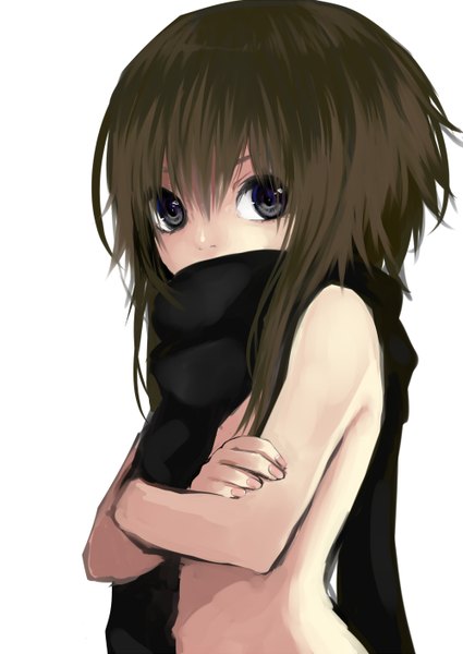 Anime picture 1000x1412 with original shirako sei single tall image fringe short hair light erotic simple background brown hair standing white background bare shoulders payot looking away nude black eyes bare belly crossed arms girl scarf