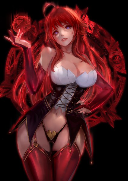 Anime picture 842x1191 with highschool dxd rias gremory cglas single long hair tall image looking at viewer fringe breasts light erotic simple background hair between eyes large breasts standing purple eyes bare shoulders cleavage ahoge red hair nail polish