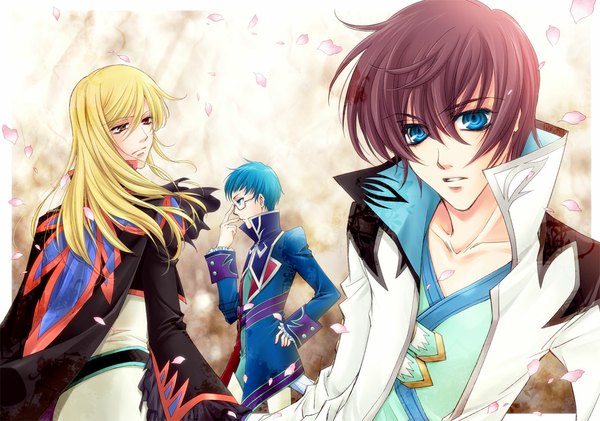 Anime picture 1100x772 with tales of graces asbel lhant richard (tales) hubert ozwell long hair looking at viewer short hair blue eyes blonde hair red eyes brown hair blue hair multiple boys hand on hip boy petals glasses suit