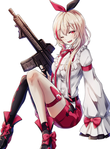 Anime picture 1333x1800 with girls frontline m4 sopmod ii (girls frontline) m4 sopmod ii (the guarded beloved) (girls frontline) kogarashi kon single long hair tall image looking at viewer fringe open mouth simple background blonde hair hair between eyes red eyes white background sitting one eye closed wink official alternate costume ;d