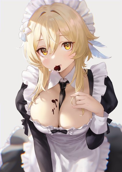 Anime picture 1240x1754 with genshin impact lumine (genshin impact) adelie cat single tall image looking at viewer fringe short hair breasts light erotic simple background blonde hair hair between eyes large breasts holding yellow eyes cleavage grey background maid alternate costume