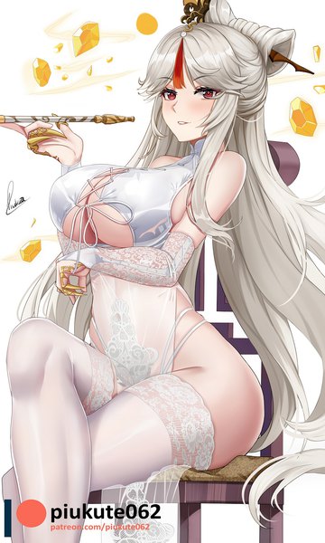 Anime picture 900x1500 with genshin impact ningguang (genshin impact) piukute062 single long hair tall image looking at viewer blush fringe breasts light erotic simple background red eyes large breasts white background sitting holding signed silver hair traditional clothes