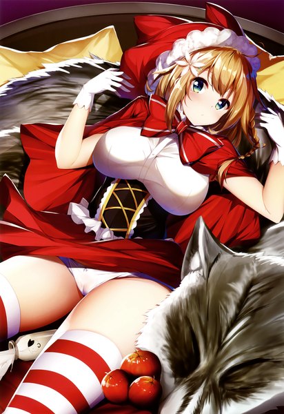 Anime picture 2267x3300 with little red riding hood little red riding hood (character) big bad wolf gabao. single tall image looking at viewer blush fringe highres short hair breasts light erotic blonde hair hair between eyes large breasts lying braid (braids) hair flower aqua eyes