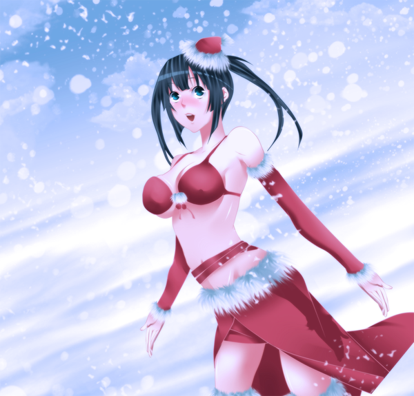 Anime picture 1024x982 with sekirei tagme (character) n3eko123 single long hair blush open mouth light erotic black hair smile sky cloud (clouds) ponytail aqua eyes fur trim coloring snowing christmas winter snow