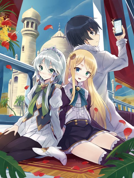 Anime picture 1600x2117 with isekai wa smartphone to tomo ni. yumina elnea belfast mochizuki touya lucia rea regulus usatsuka eiji long hair tall image looking at viewer blush fringe short hair open mouth blue eyes black hair blonde hair smile hair between eyes sitting multiple girls holding